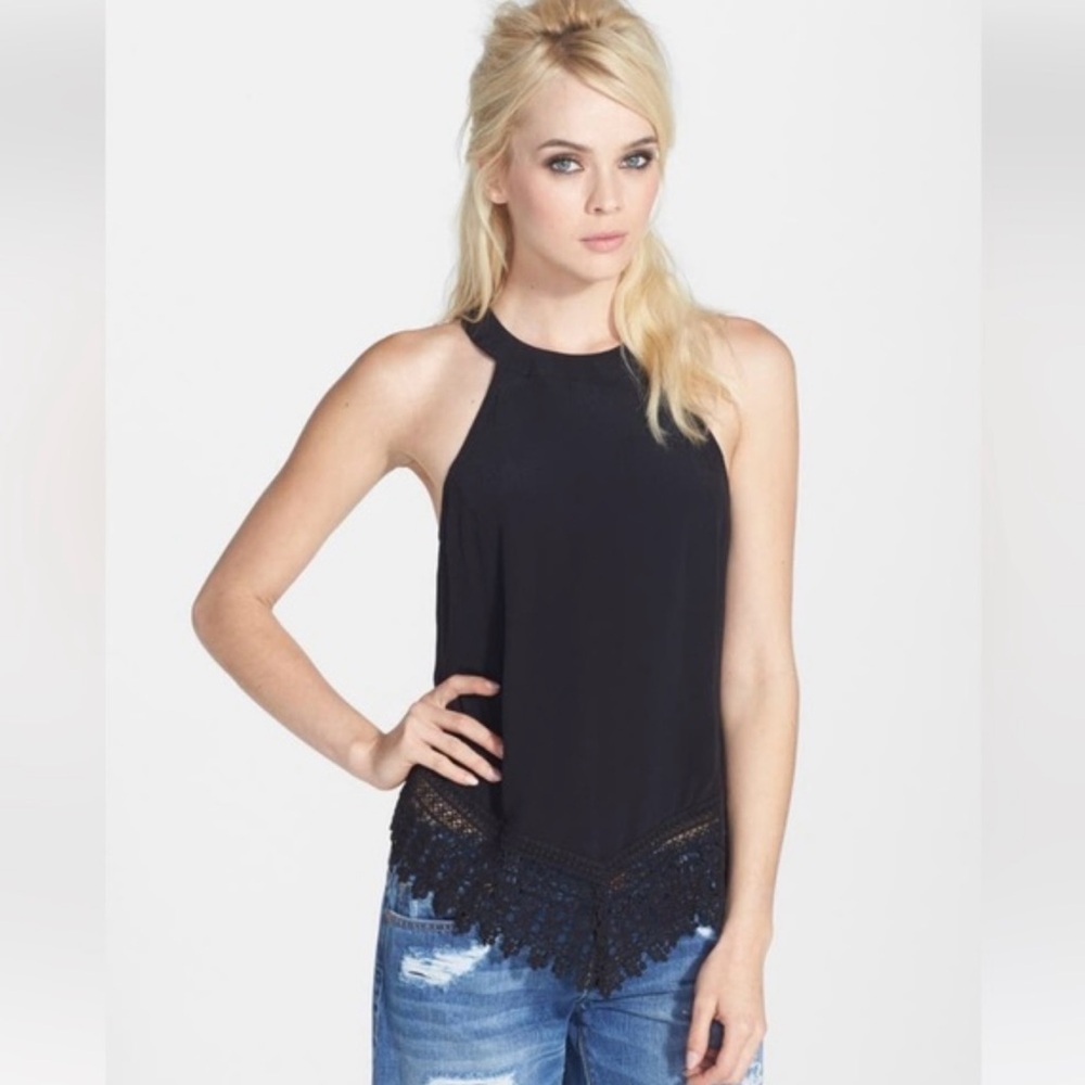 Altered state women’s size S oversize black swing bridge top, crocheted  hemline